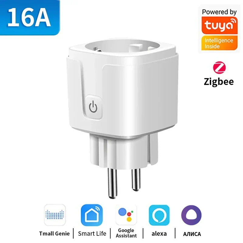 White smart plug with power button.
