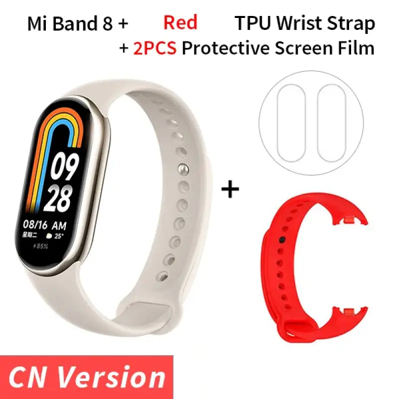 a white smart watch with a red band and a white wrist strap