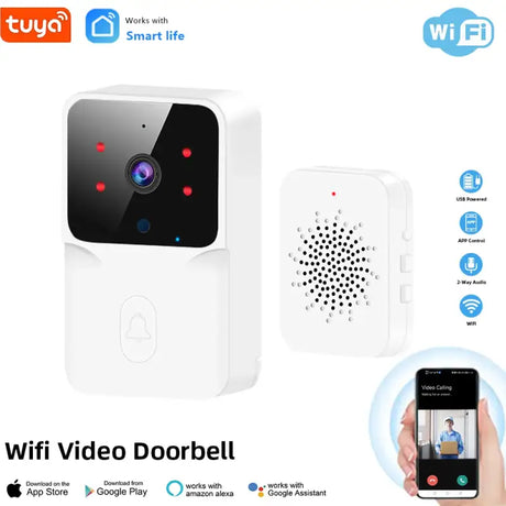 A white smart wifi video doorbell with a hand holding a phone