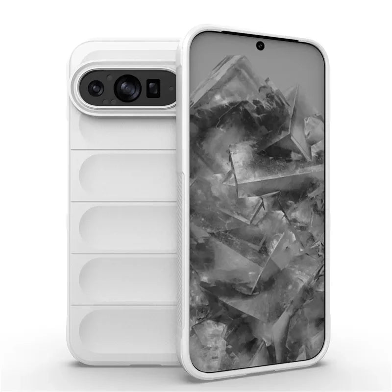 White smartphone with a camera bar and a screen displaying a gray crystalline image.