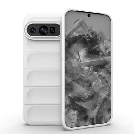 White smartphone with a camera bar and a screen displaying a gray crystalline image.