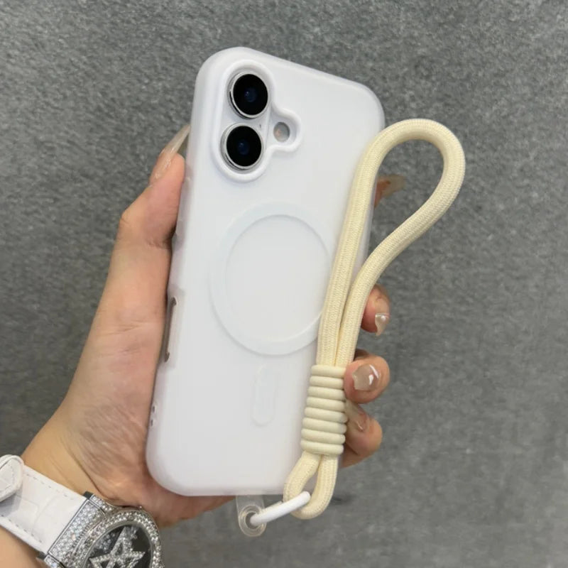 White smartphone case with an attached cream-colored wrist strap.