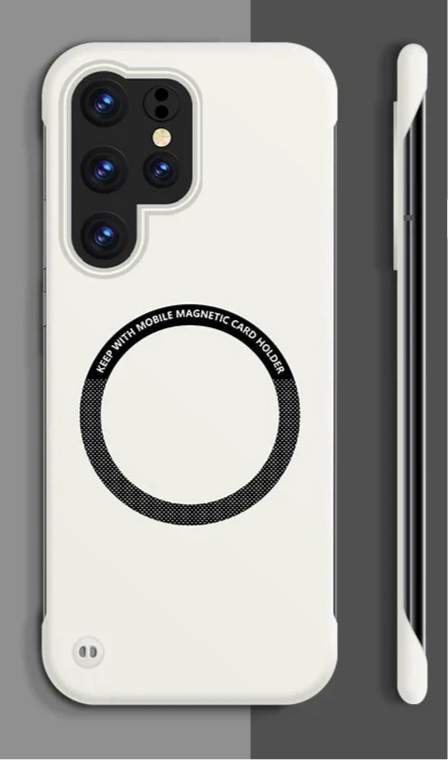 White smartphone case with a circular design and multiple camera cutouts.