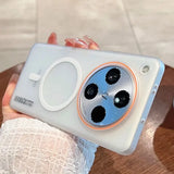 A white smartphone case with a large circular camera cutout and a separate magnetic ring for accessories.