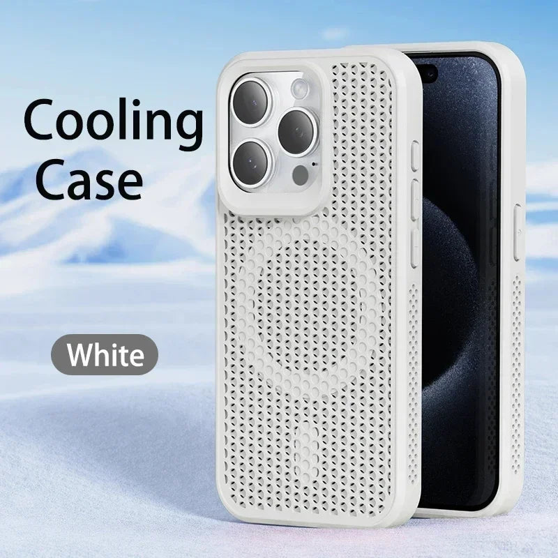 White smartphone case with a perforated design and integrated cooling system.