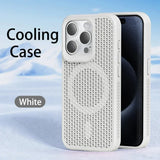 White smartphone case with a perforated design and integrated cooling system.