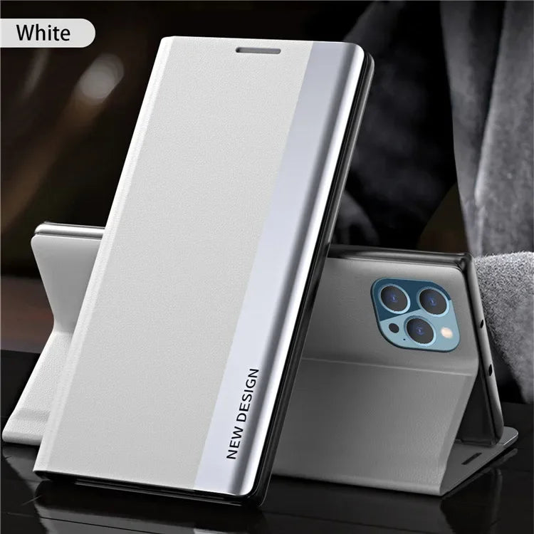 White smartphone case with a reflective surface and ’NEW DESIGN’ printed on the side.