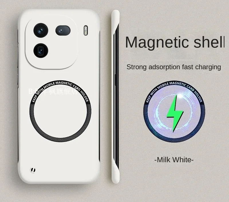 White smartphone with a circular magnetic charging area on its back.