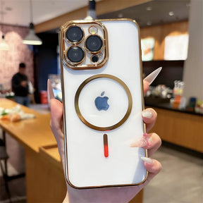 White smartphone in a clear case with gold accents and a visible Apple logo.