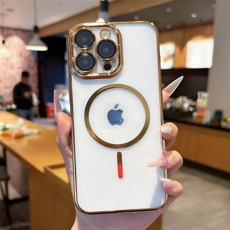White smartphone in a clear case with gold accents and a visible Apple logo.