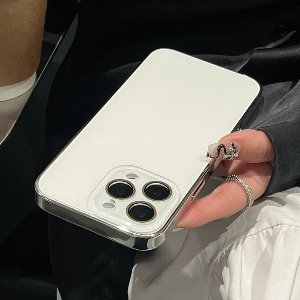 White smartphone with a clear case and three camera lenses.