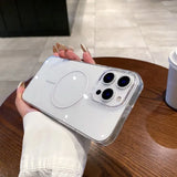 White smartphone with a clear protective case featuring a MagSafe-compatible circle and a triple camera system.