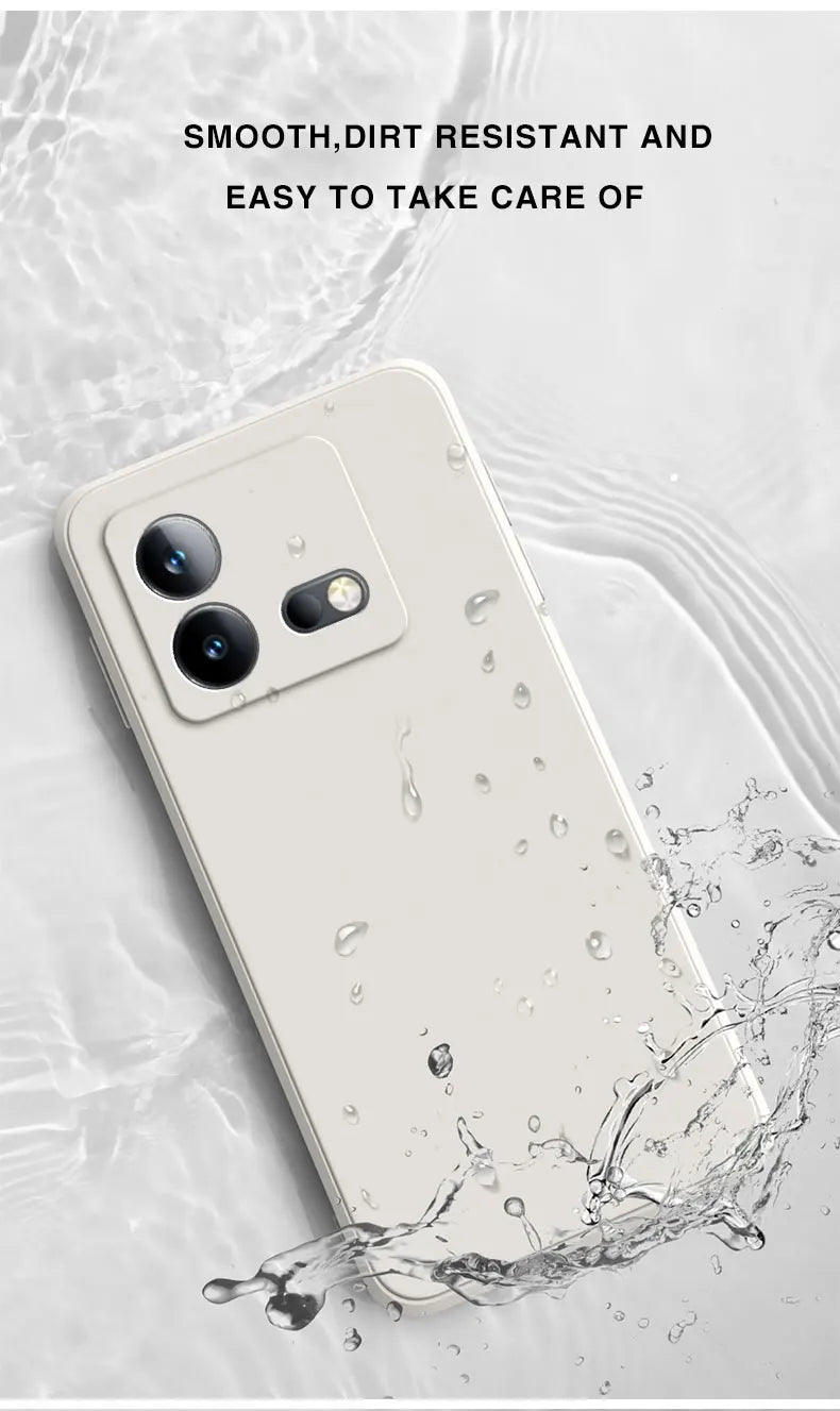 White smartphone with dual rear cameras and water splashing around it.