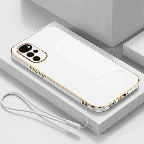 White smartphone with a gold-trimmed edge and a triple camera setup.