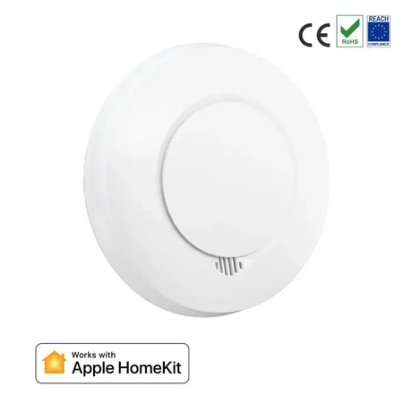 A white smoke detector with the apple homekit logo on it