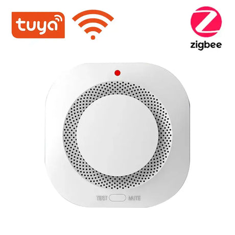 A white smoke detector with a red button and a white logo