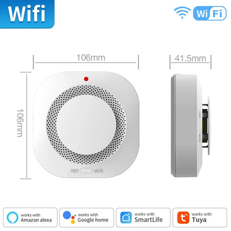 White square smoke detector with dimensions.