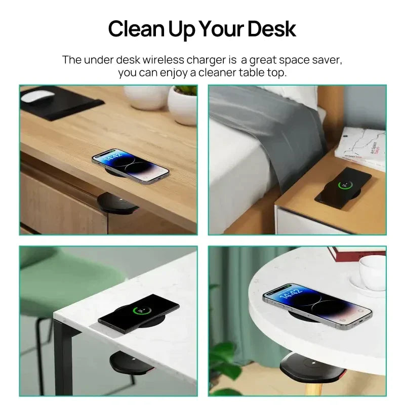 a white table with a phone and a phone charging station