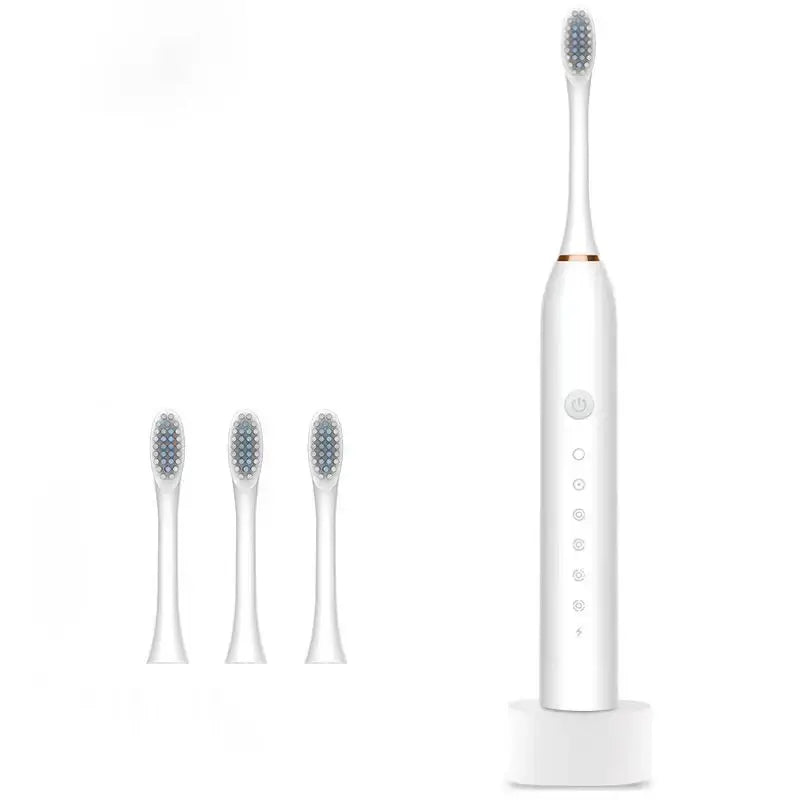 a white toothbrush with three different toothbrushs