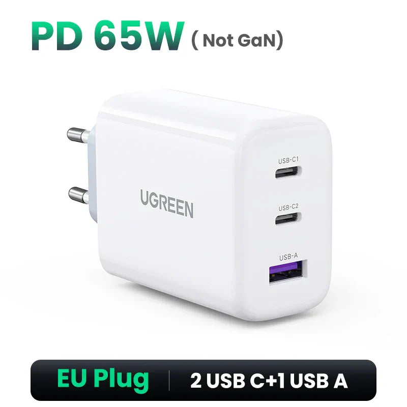 White UGREEN 65W USB charger with two USB-C ports and one USB-A port, featuring an EU plug.