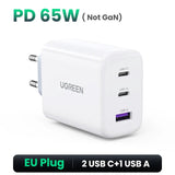 White UGREEN 65W USB charger with two USB-C ports and one USB-A port, featuring an EU plug.