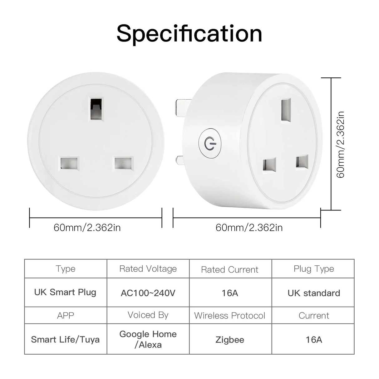 White UK smart plug with specifications.