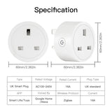 White UK smart plug with specifications.