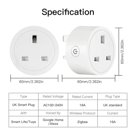 White UK smart plug with specifications.