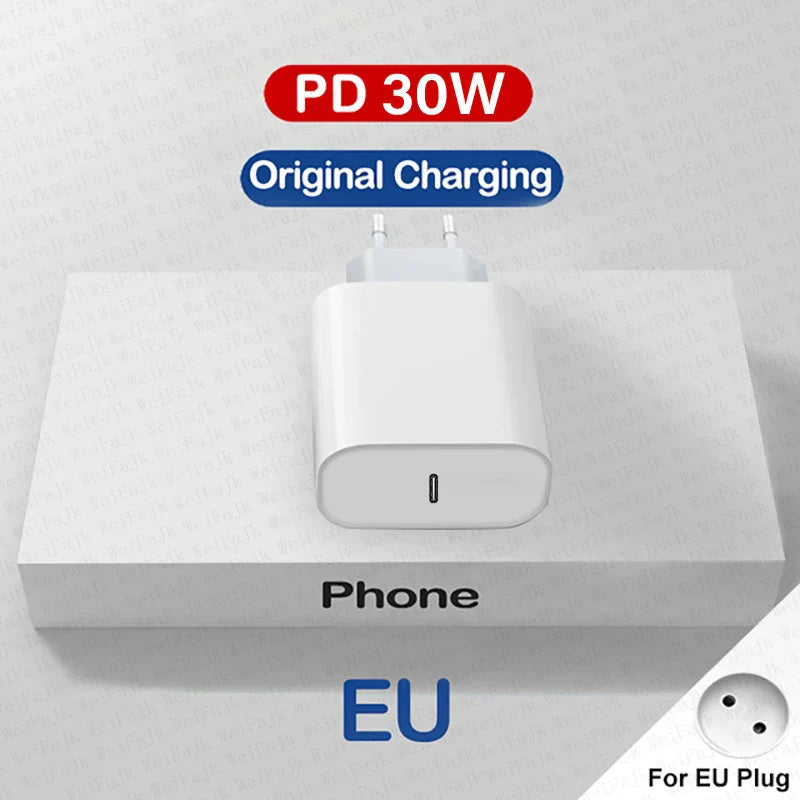 White USB-C power adapter for EU plugs, labeled as 30W PD charging.