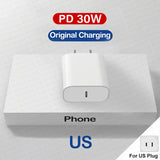 White USB-C power adapter for charging phones, labeled as 30W PD (Power Delivery) compatible.