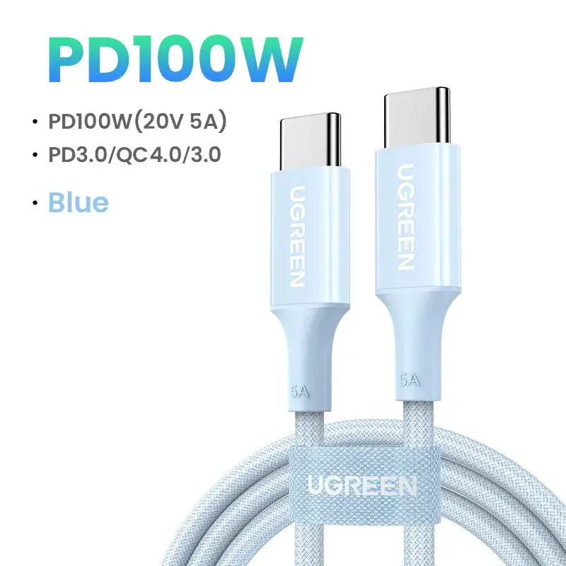 A white usb cable with a blue and white logo