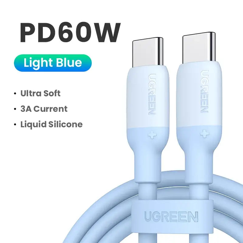 A white usb cable with a blue light blue cable