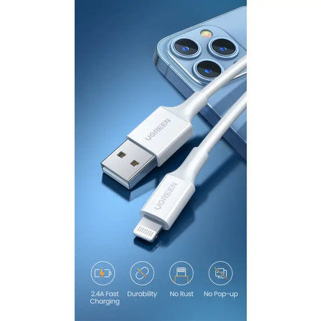 A white usb cable connected to an iphone