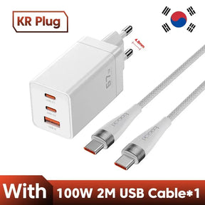 A white usb cable with a white power adapt and a white charger