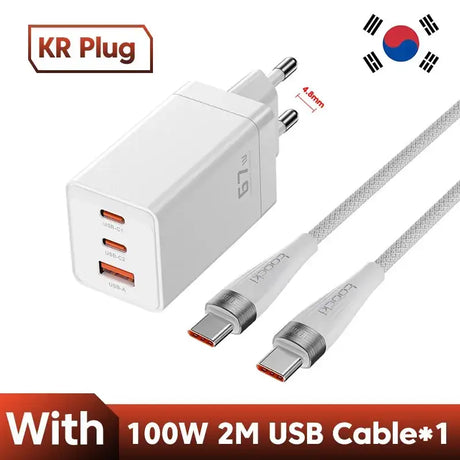 A white usb cable with a white power adapt and a white charger