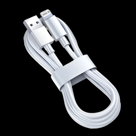 White USB to Lightning charging cable with a cable tie.