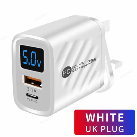 a white usb charger with the text d - power 2 0
