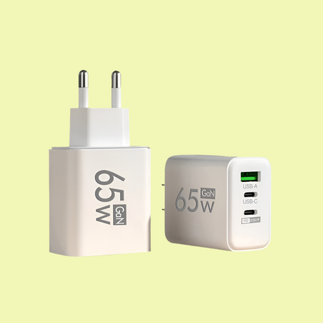 White USB power adapter with 65W output capacity.