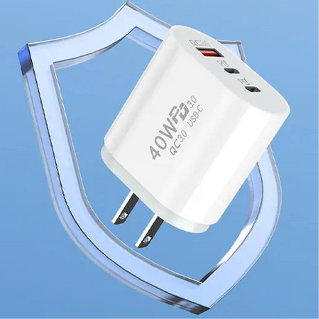 White USB wall charger with multiple ports.