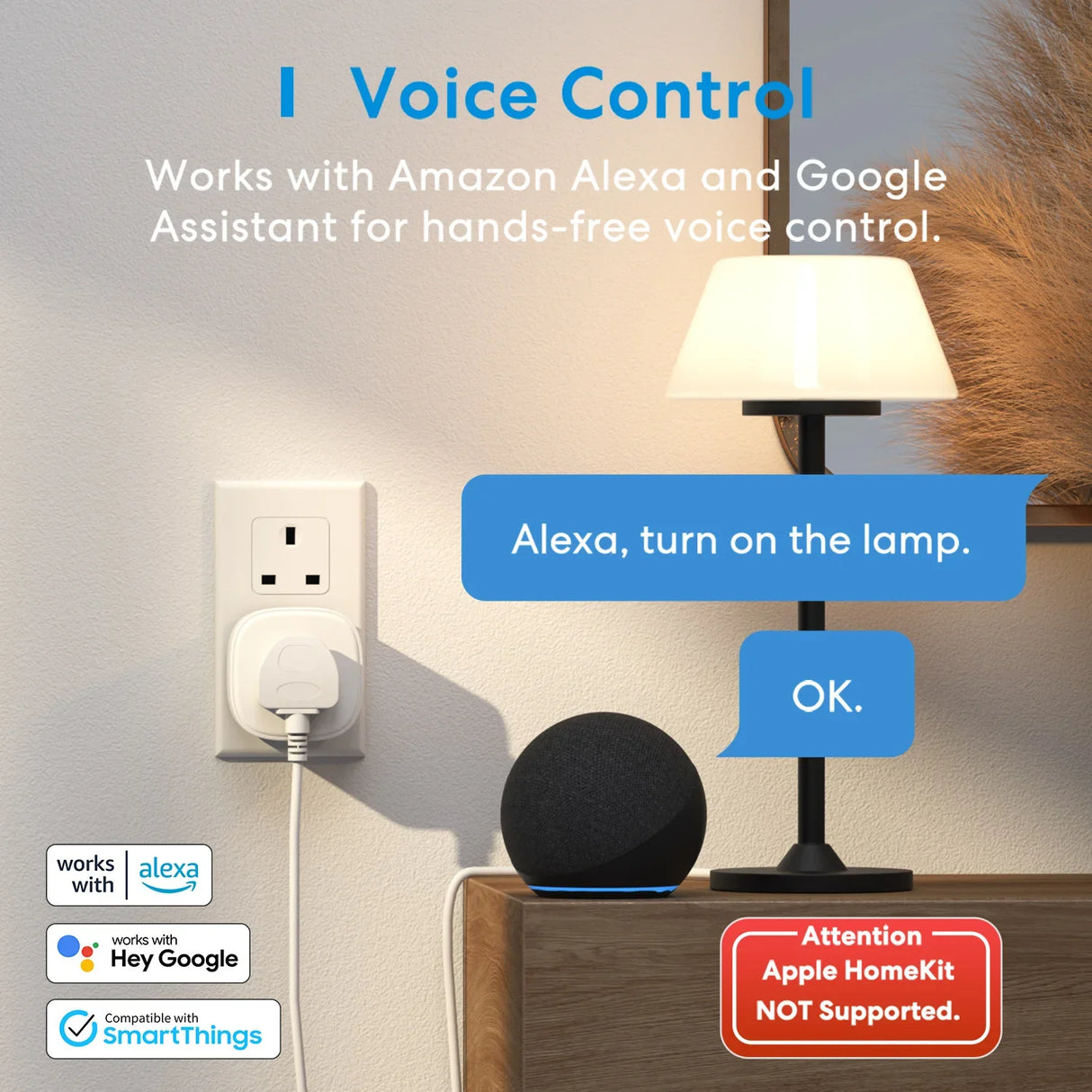 a white wall with a blue and white sign that says voice control