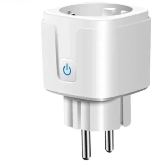 A white wall charger with a blue button