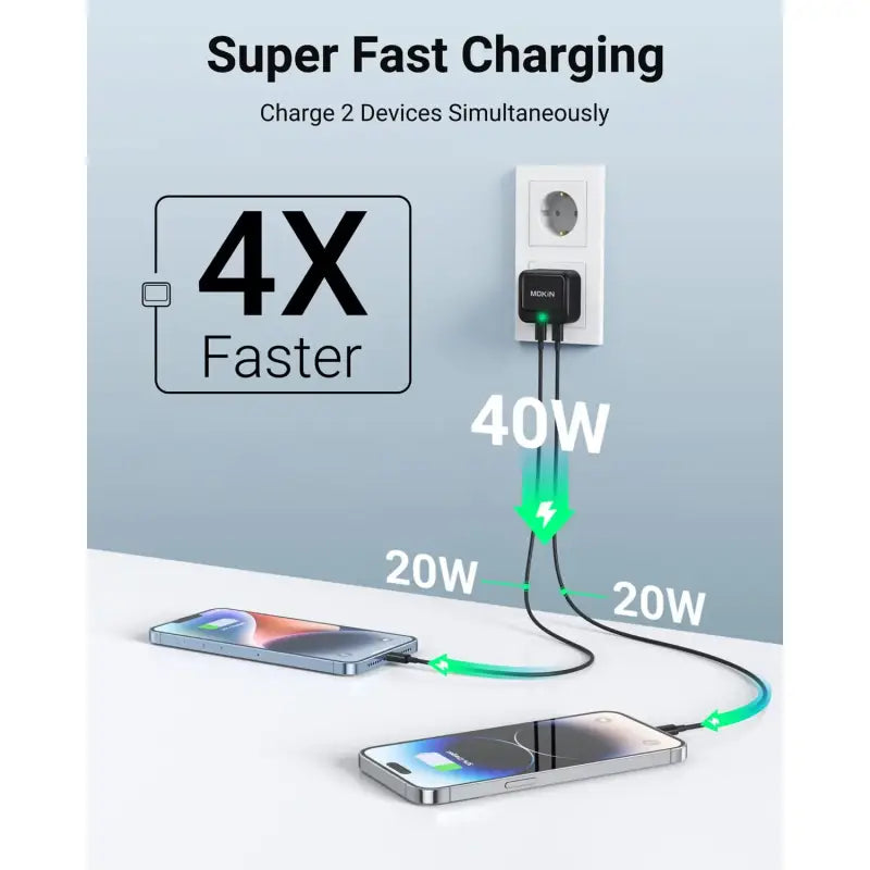 A white wall charger with a green led