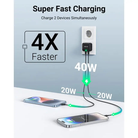 A white wall charger with a green led