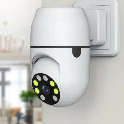 a white wall mounted camera mounted on the side of a wall