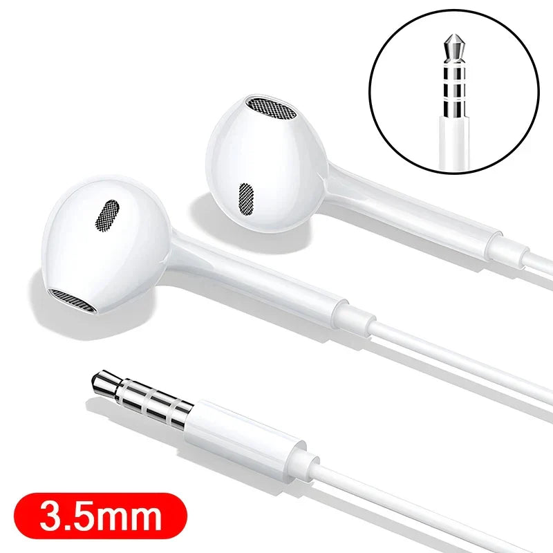 White wired earbuds with a 3.5mm audio jack connector.