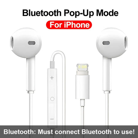 White wired earbuds with a Lightning connector for iPhone.