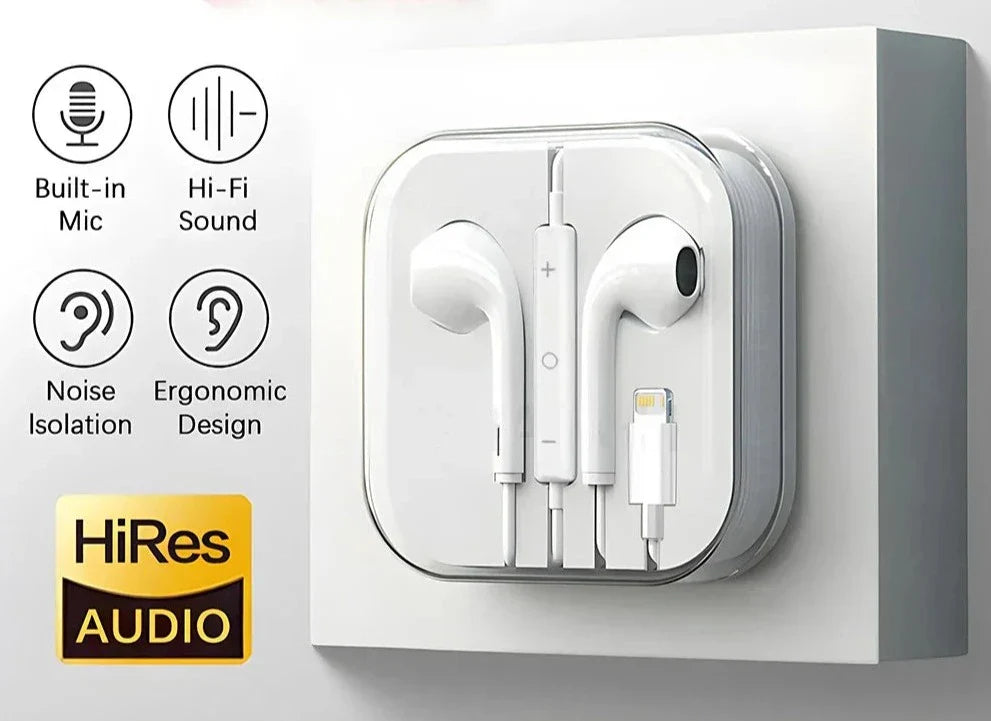 White wired earbuds with a Lightning connector in a plastic case.