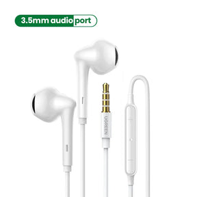 White wired earbuds with in-line controls.