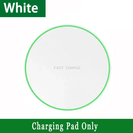 A white wireless charger with green trim