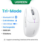 White wireless computer mouse with multiple connectivity options and buttons.